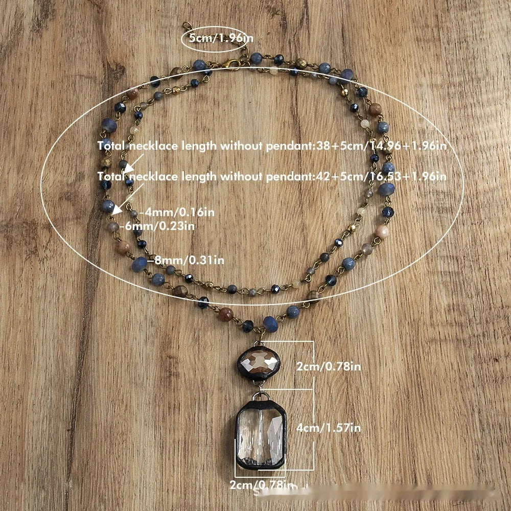 Tribal style two-layer necklace with stone and glass pendant on adjustable 31-40cm chain