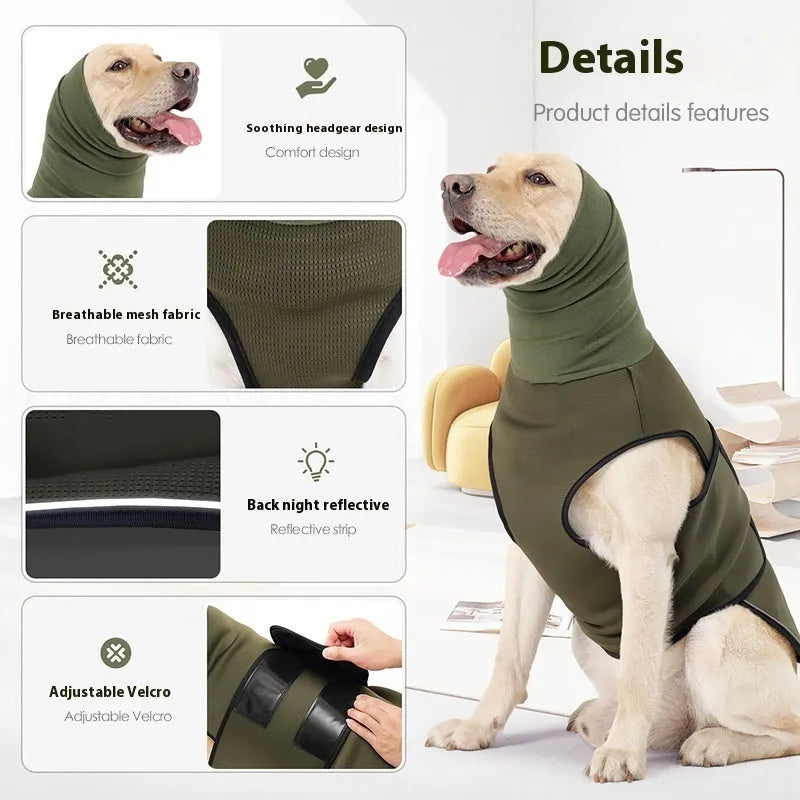 Dog wearing anti-anxiety calming jacket in polyester fabric for mood soothing pressure therapy