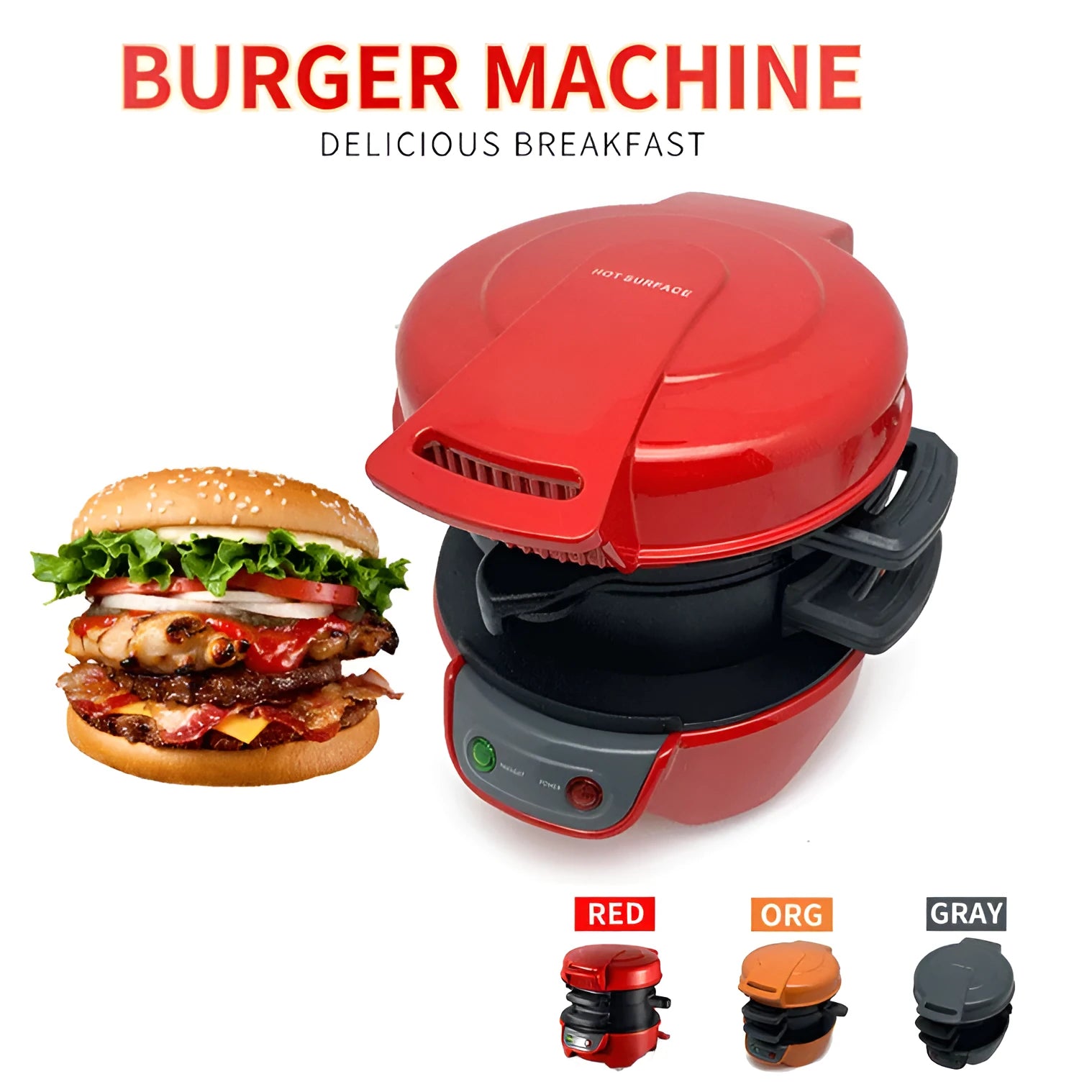 Bright red household breakfast sandwich maker with egg cooker ring and waffle plates on a kitchen counter.