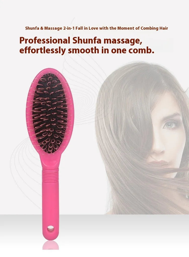 Black ring tooth airbag comb for hair extensions on pink background showing dimensions