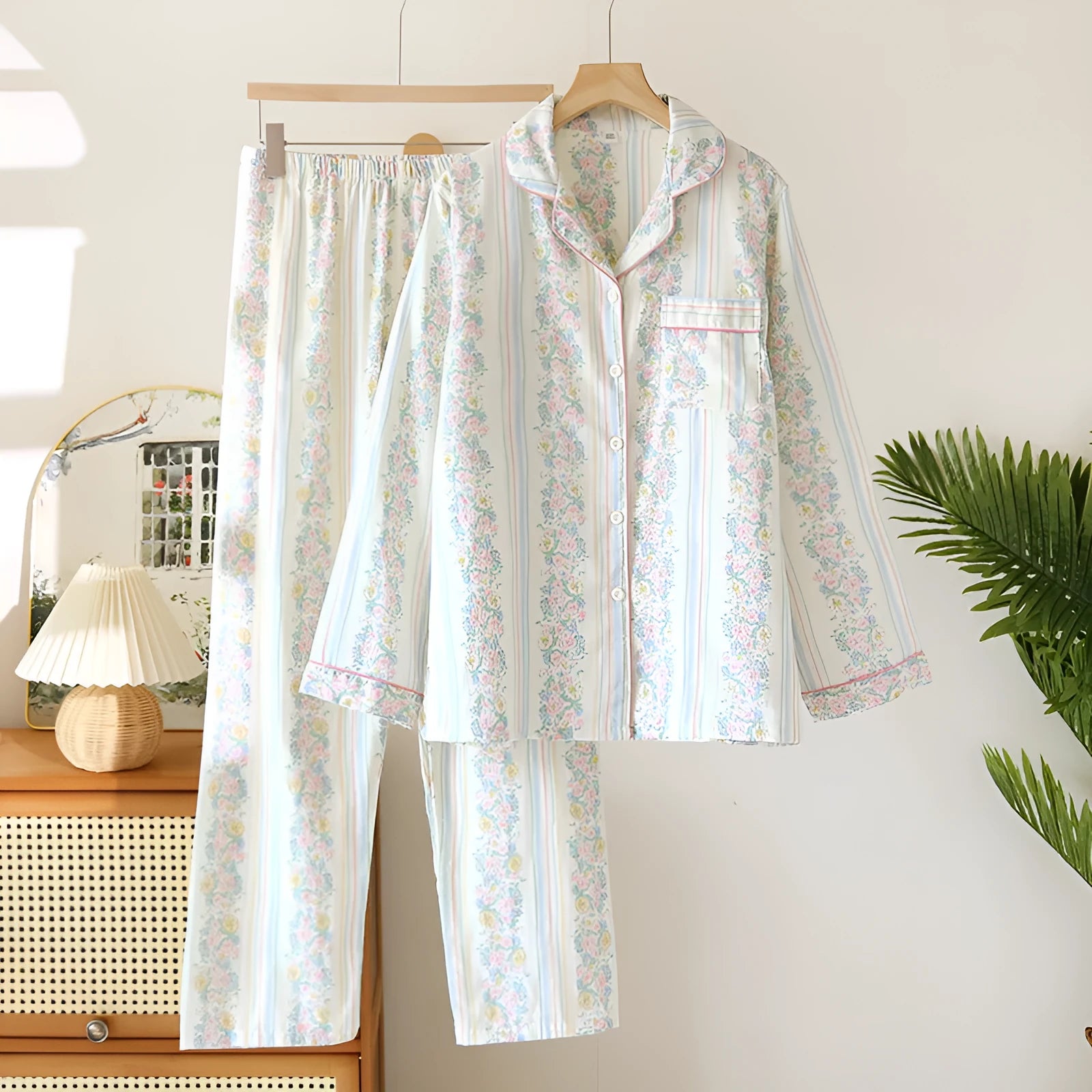 Ladies' cotton double-layer gauze long-sleeved top and trousers homewear set in a colour stripes pattern.