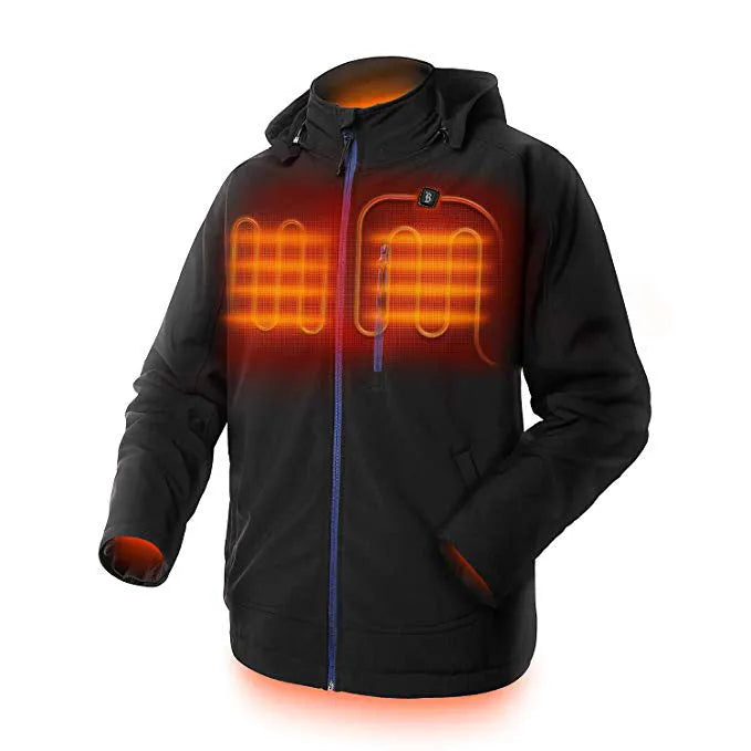 Black men's USB winter waterproof thermal coat with straight hem and zipper pockets