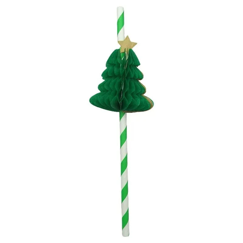 Pack of 50 paper honeycomb Christmas tree straws with three-dimensional tree design, 197mm length straight pipe shape