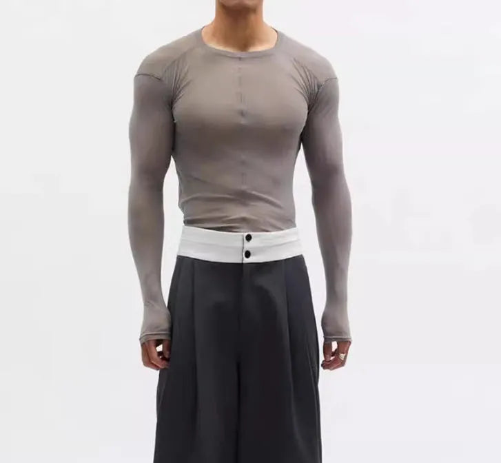 Black mesh see-through slim-fit PU pullover with long sleeves and round collar