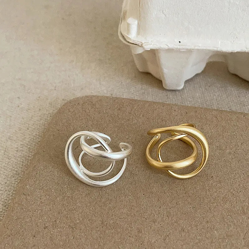 Three-dimensional interlaced matte metal geometric open ring in gold and silver plating options