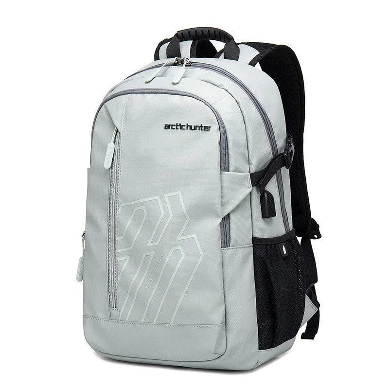 Casual plaid polyester backpack for 18-inch laptops with a curved shoulder strap