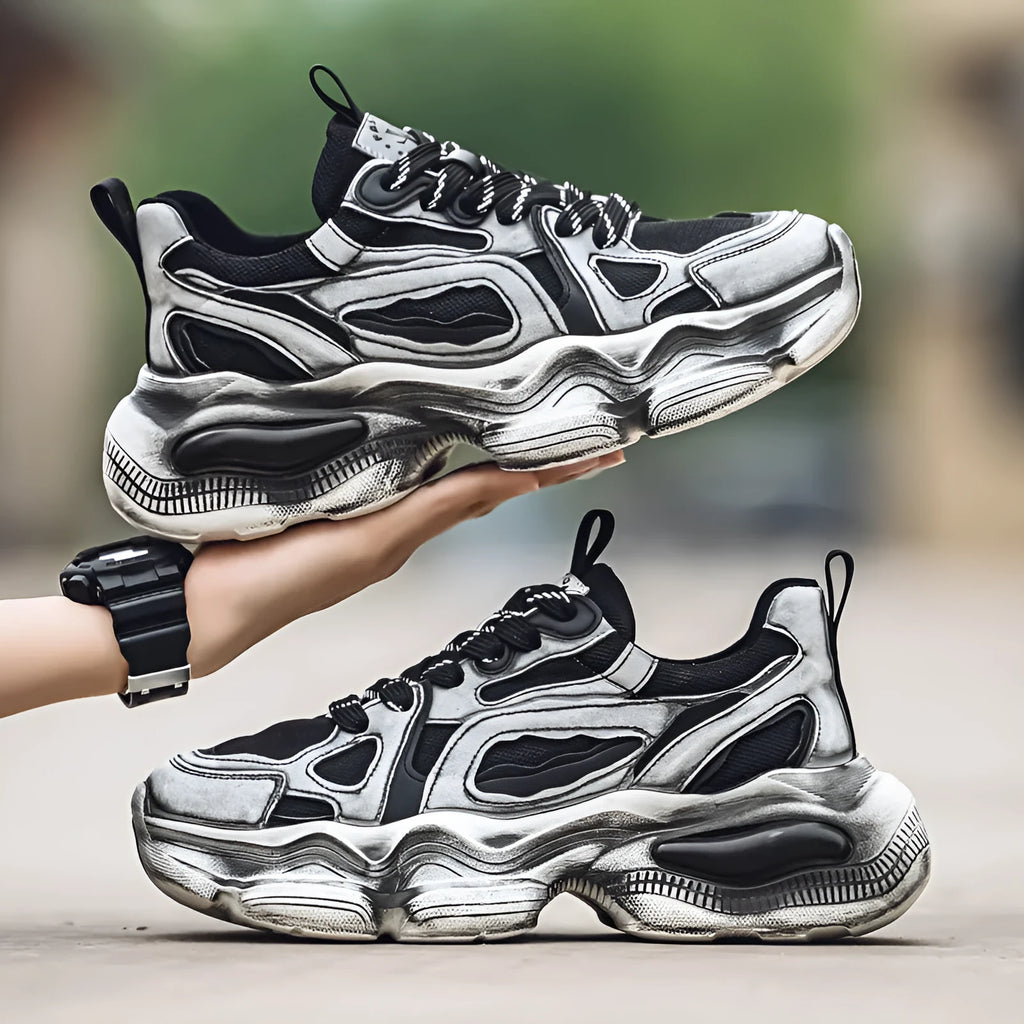 Men's black, grey, or white mesh sneakers with platform sole and lace-up front.