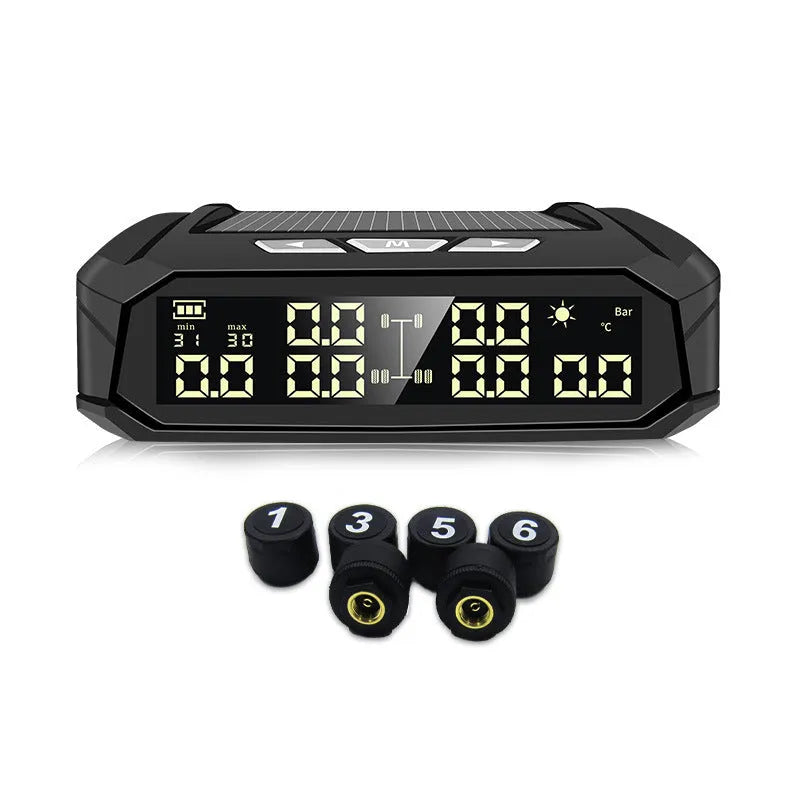 Solar tyre pressure monitor with colour display for six tyres on RVs and trucks