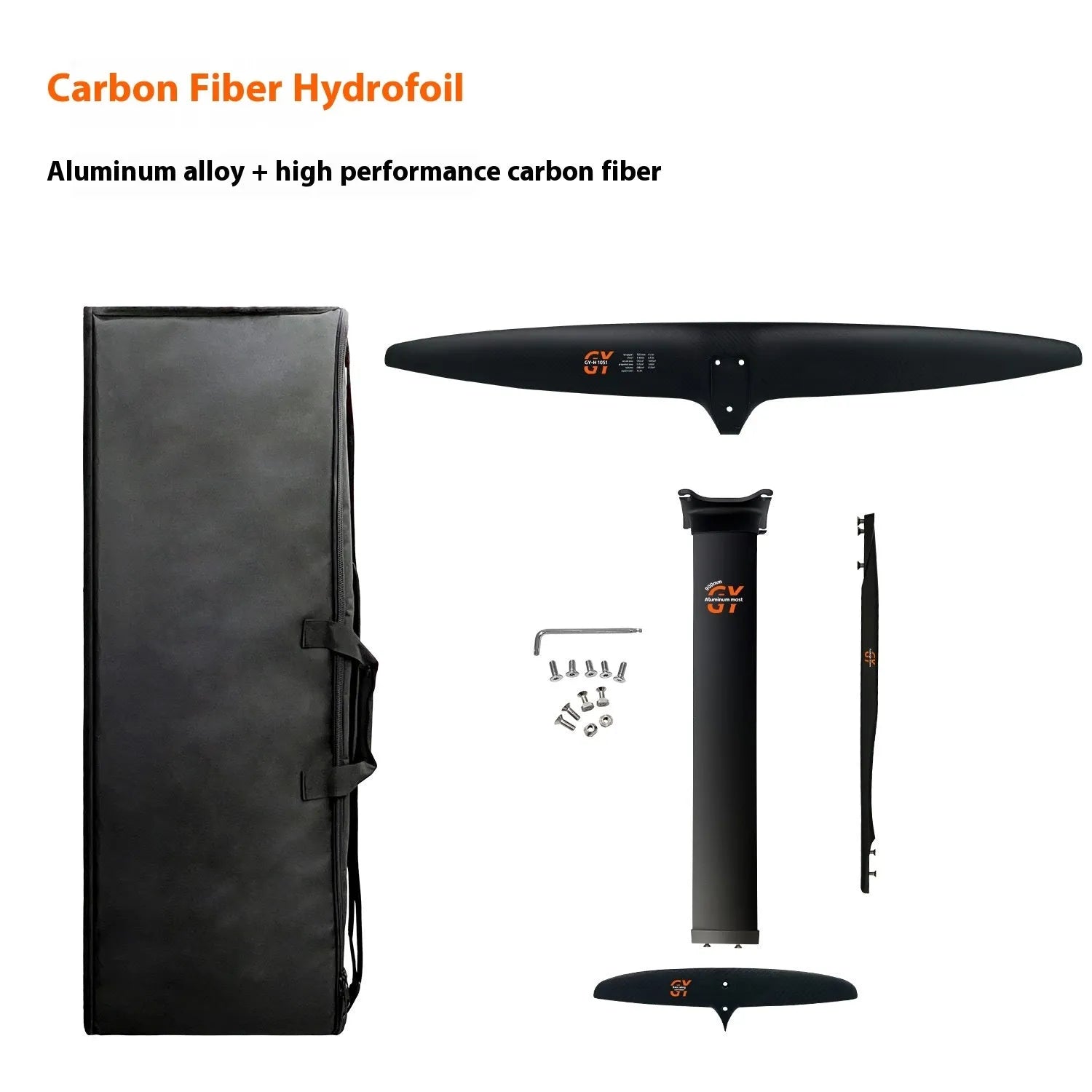 Black carbon fibre racing surf hydrofoil with aluminium alloy components and 1051mm front wing