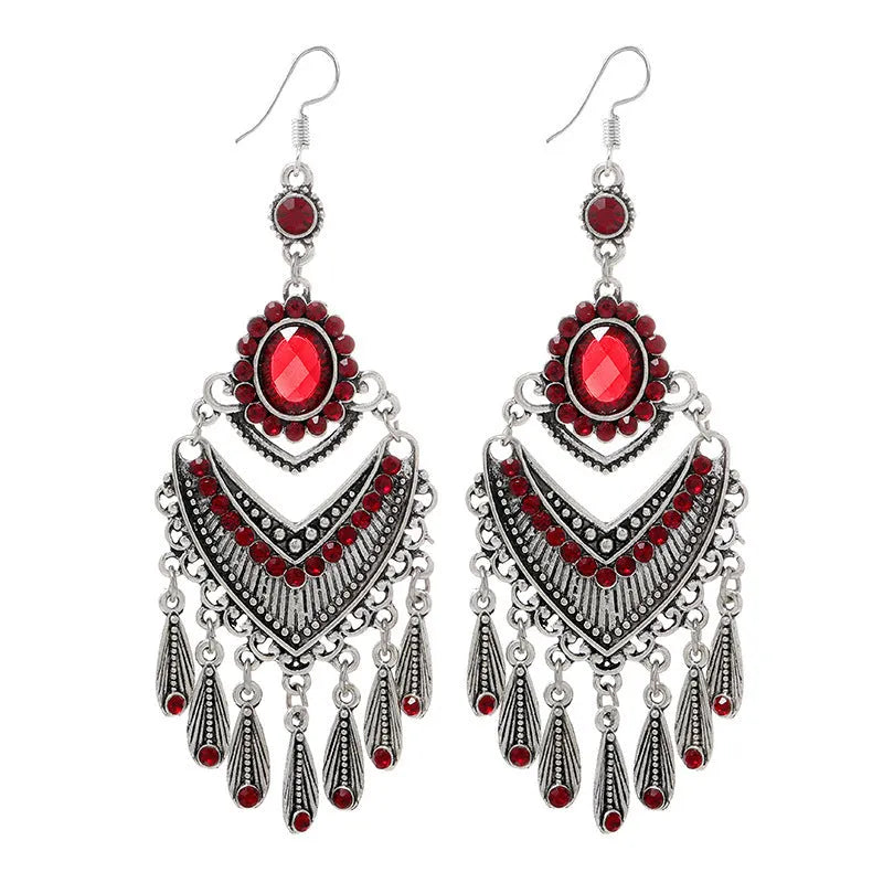 Purple retro fringe earrings with crystal drops and ethnic styling