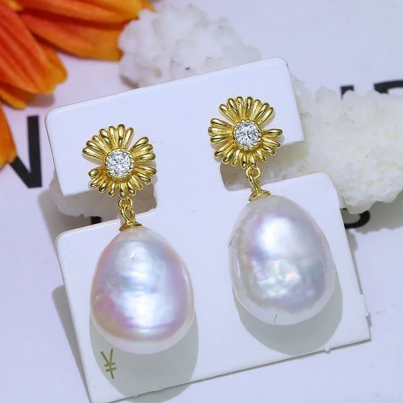 Baroque S925 sterling silver flower earrings with ring holder function in gold or silver finish