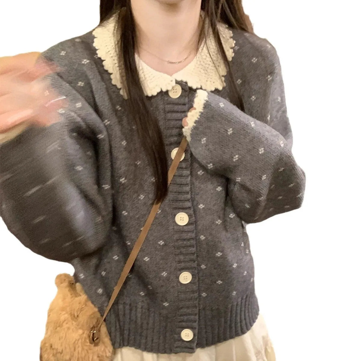 Cashmere knit cardigan with Peter Pan collar and floral embroidery in navy blue, apricot, grey colours