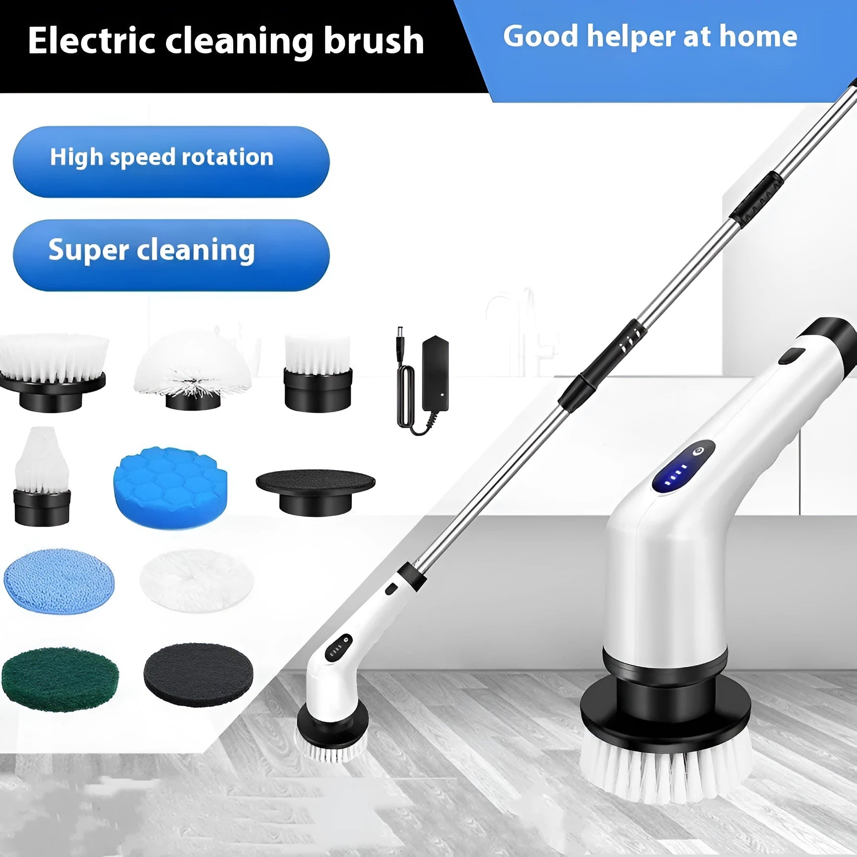 White ABS plastic rechargeable handheld cleaning ball with cleaning brush accessory.