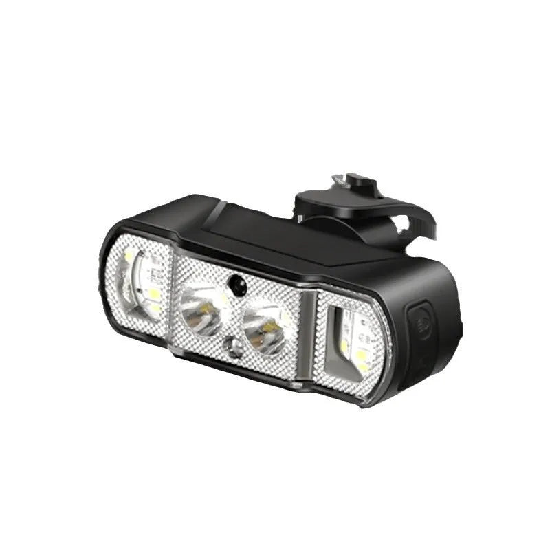 Black bicycle headlight with 350 lumen output and rechargeable battery mounted on handlebars