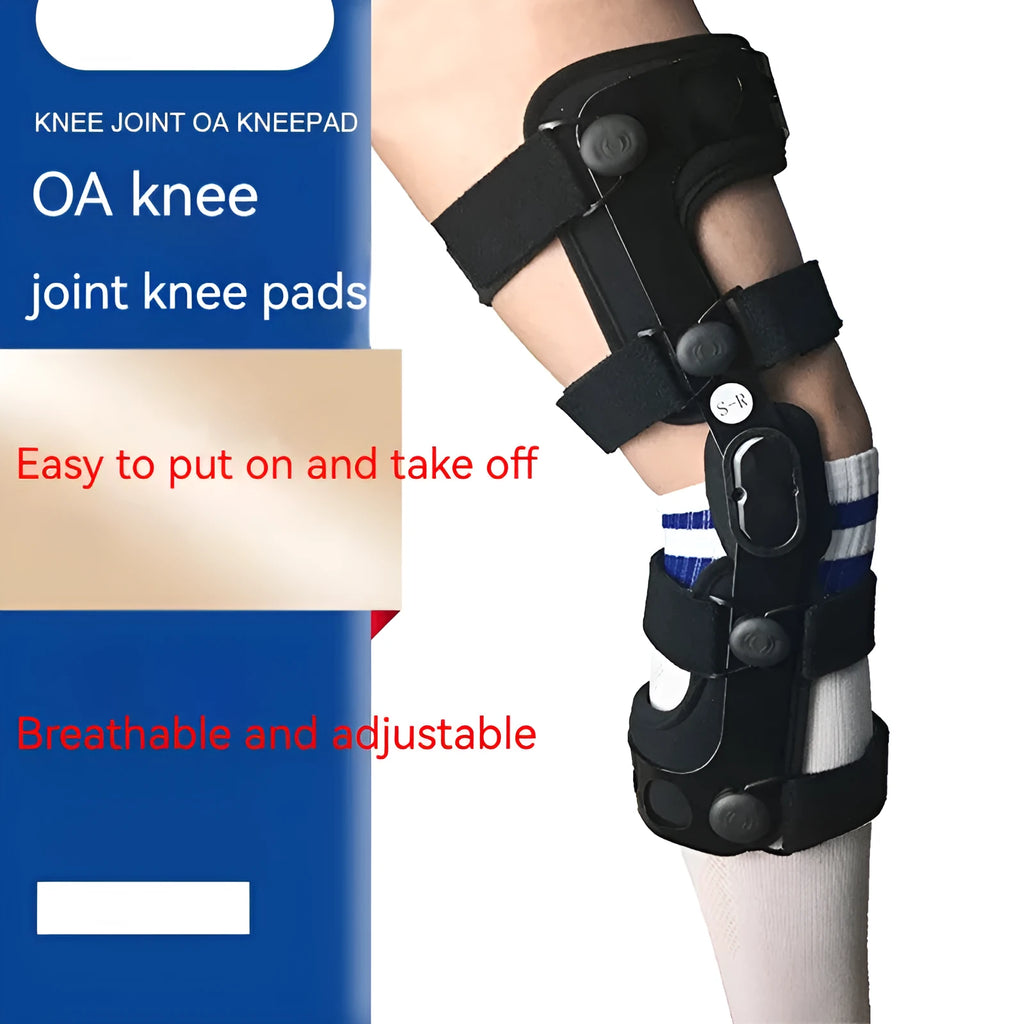 Black anterior ligament knee pad supporter showing side-specific sizing options.