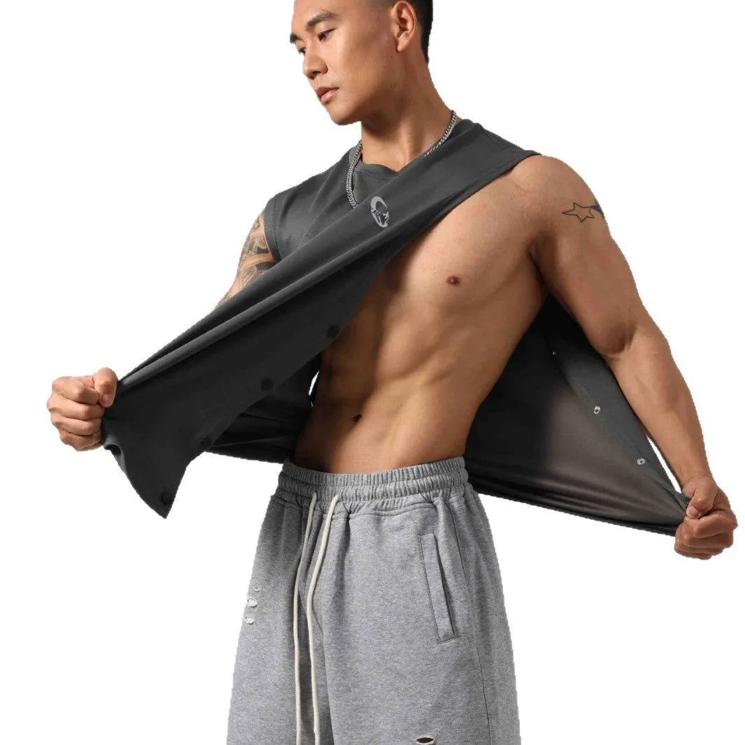 Korean style men's loose fit fitness vest with hidden hook side openings in solid cotton fabric