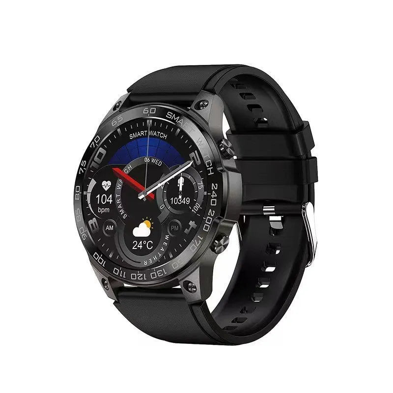 Round black Bluetooth sports watch with AMOLED screen on a silicone strap, showing fitness stats.