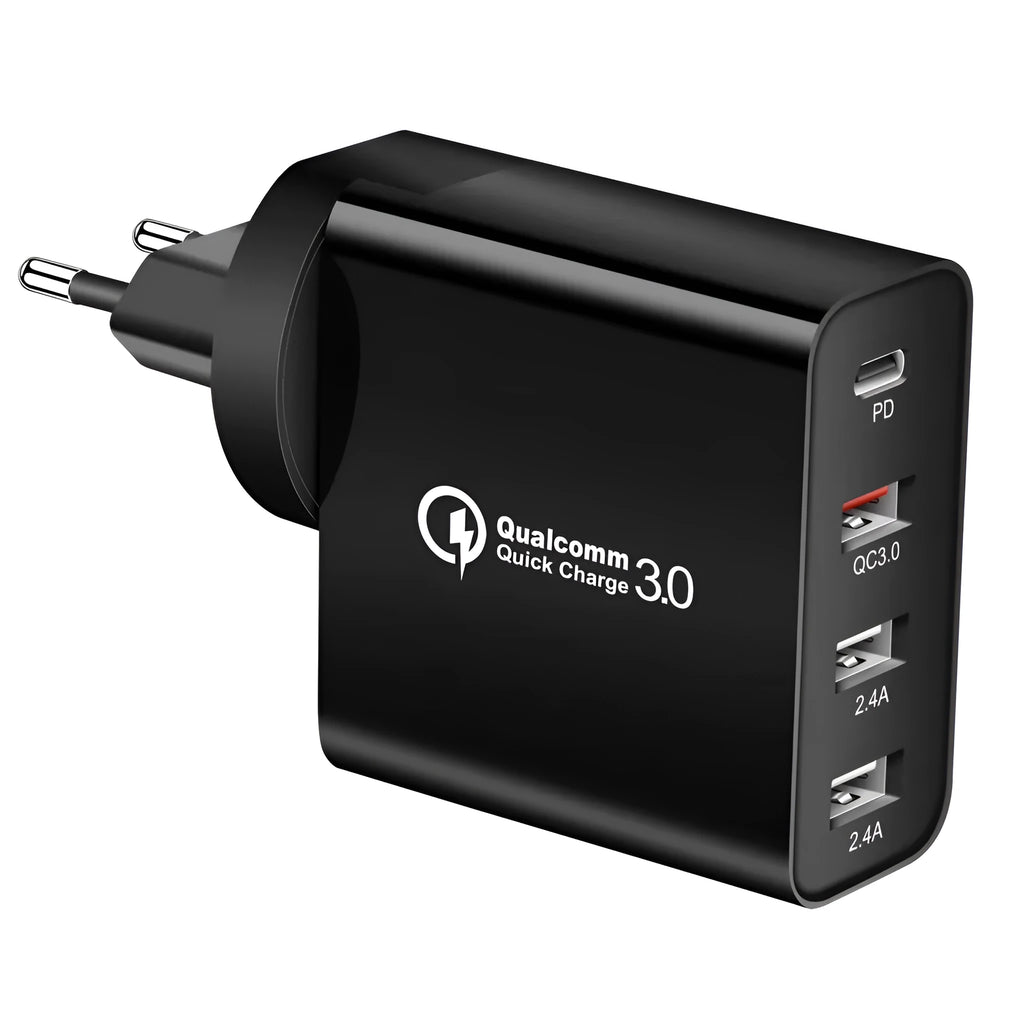 White multi-port fast charger with PD and QC 3.0 showing four USB ports.