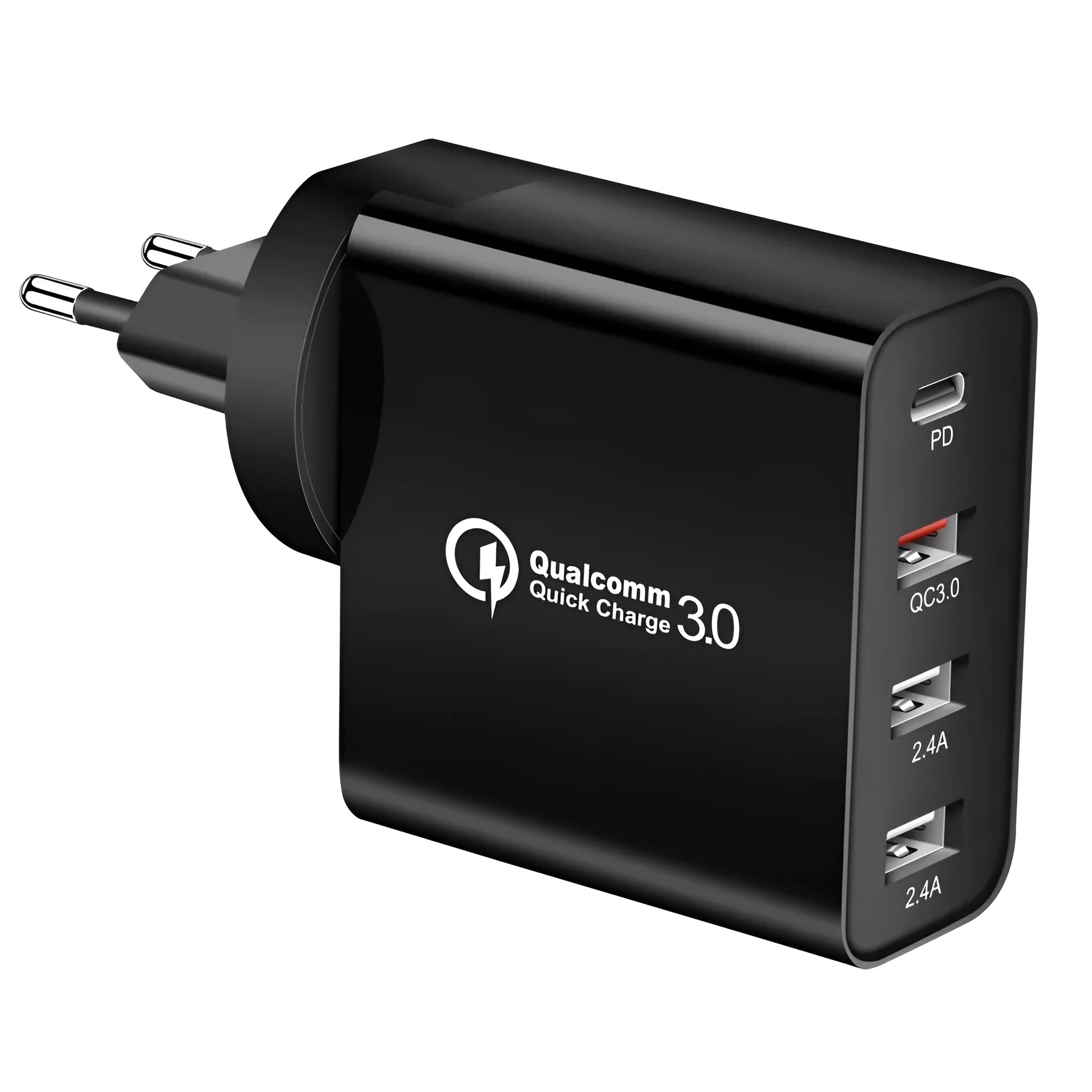 White multi-port fast charger with PD and QC 3.0 showing four USB ports.