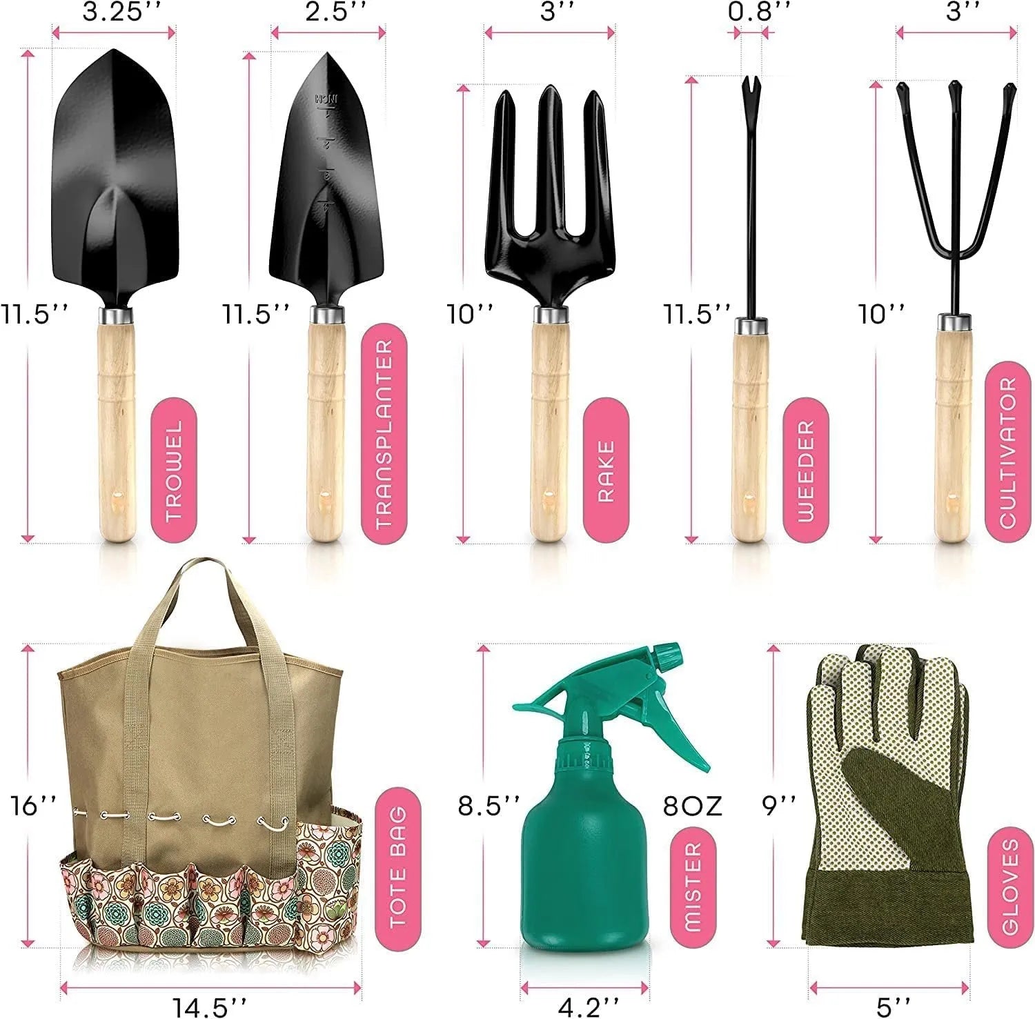 Eight-piece stainless steel gardening hand tool set CG2001 on a garden background.