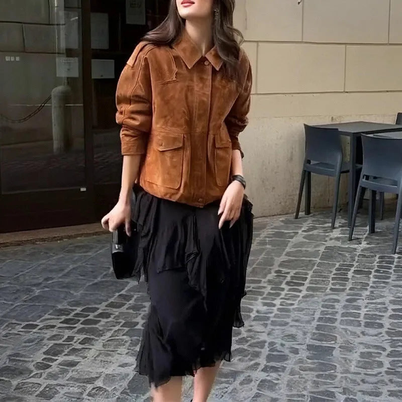 Women's brown polyester suede coat with regular sleeves street chic style