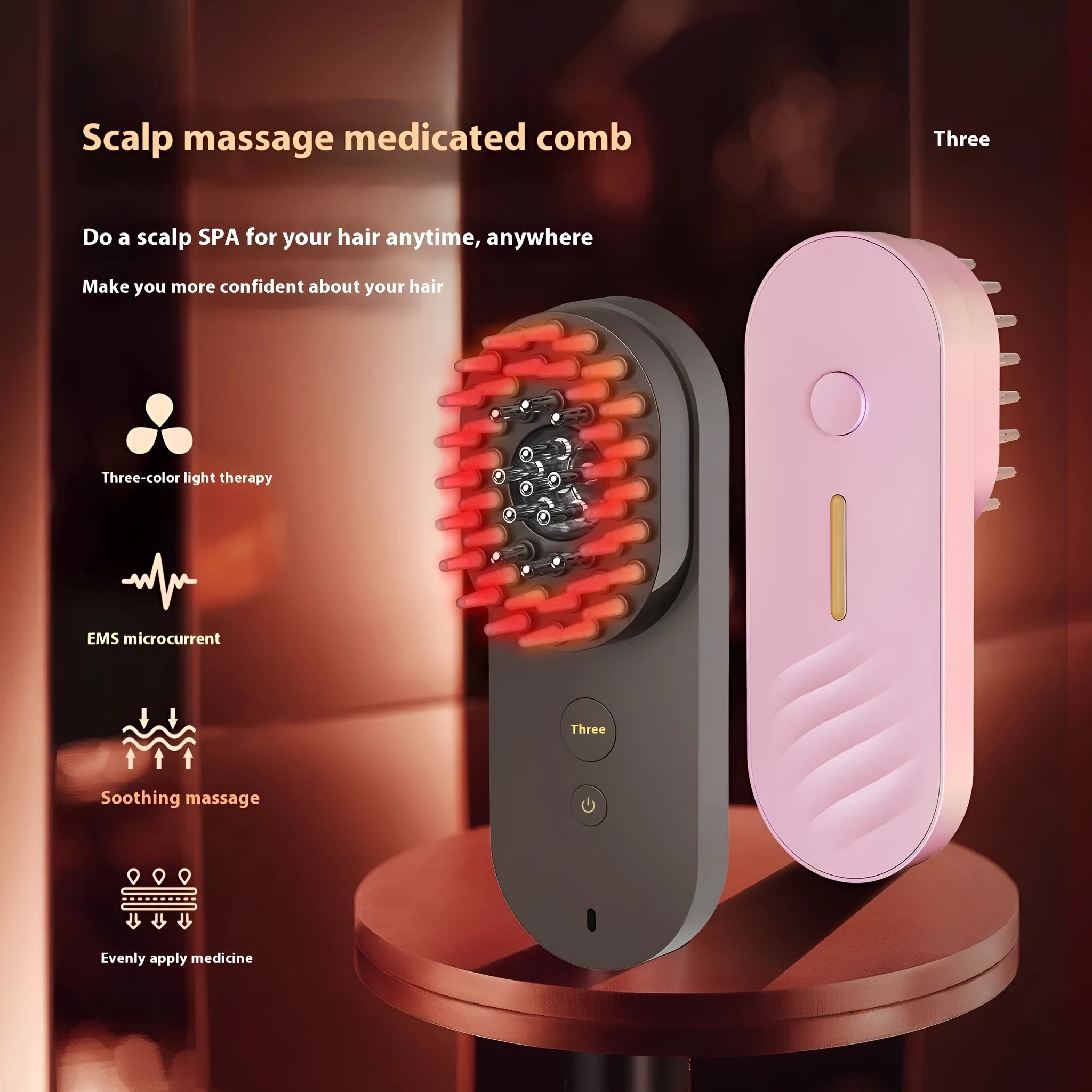 Pink and black smart massage comb for hair care with red light feature, shown next to a ruler under 10cm