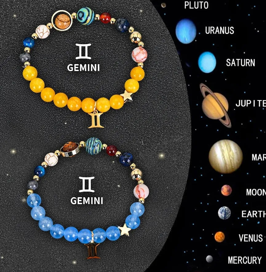 Set of twelve zodiac sign bracelets with natural stone beads, showing two matching bracelets per astrological style.