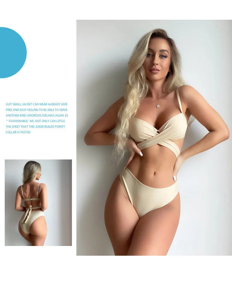 Split three-piece backless push-up bikini set with skirt in creamy white, reddish brown, or white colours