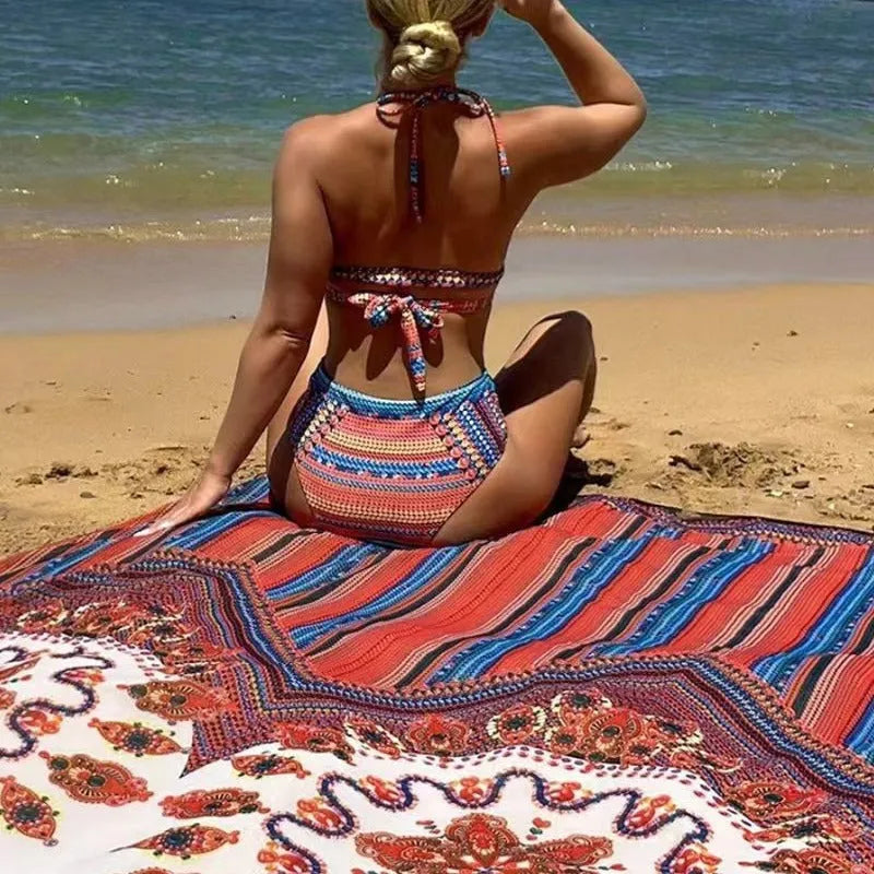 Women's three-piece swimsuit set with high-waist briefs, sleeveless split blouse, and matching coat