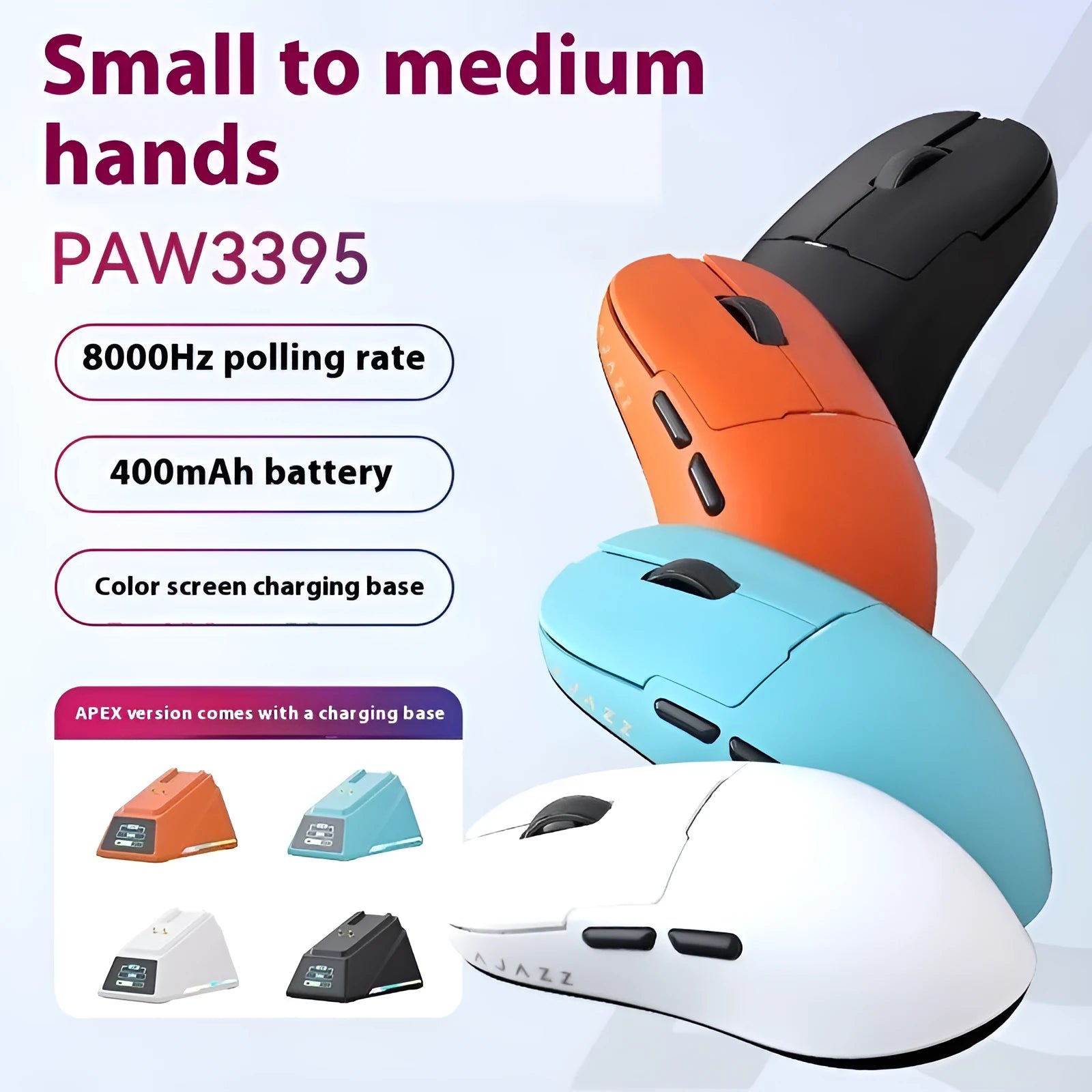 White gaming mouse showing three connection modes with compact ergonomic design