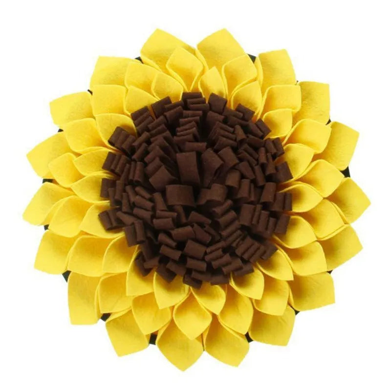 Yellow sunflower snuffle mat for dog nosework training with rope attachment