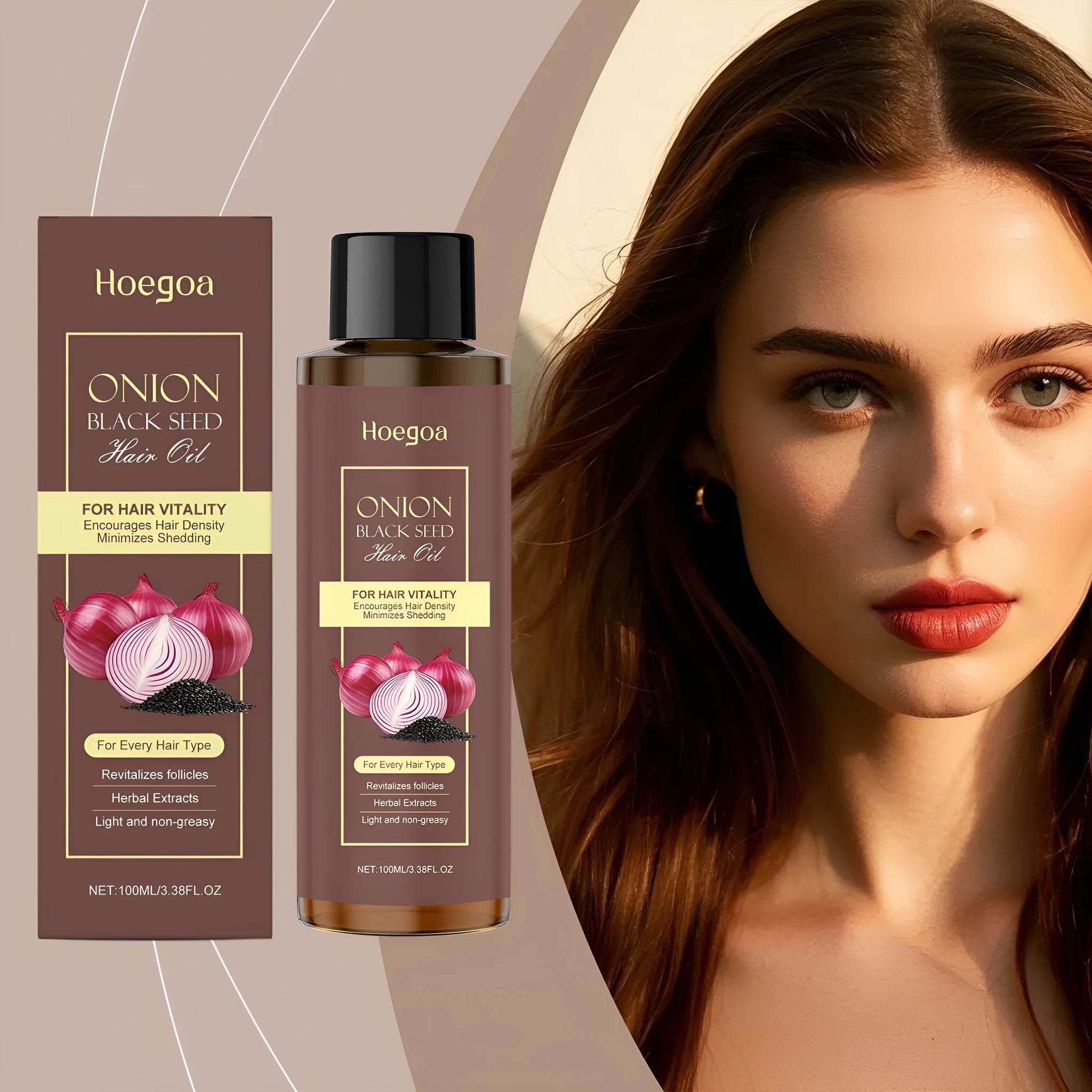100ml bottle of nourishing hair care essential oil with applicator accessories on a box.