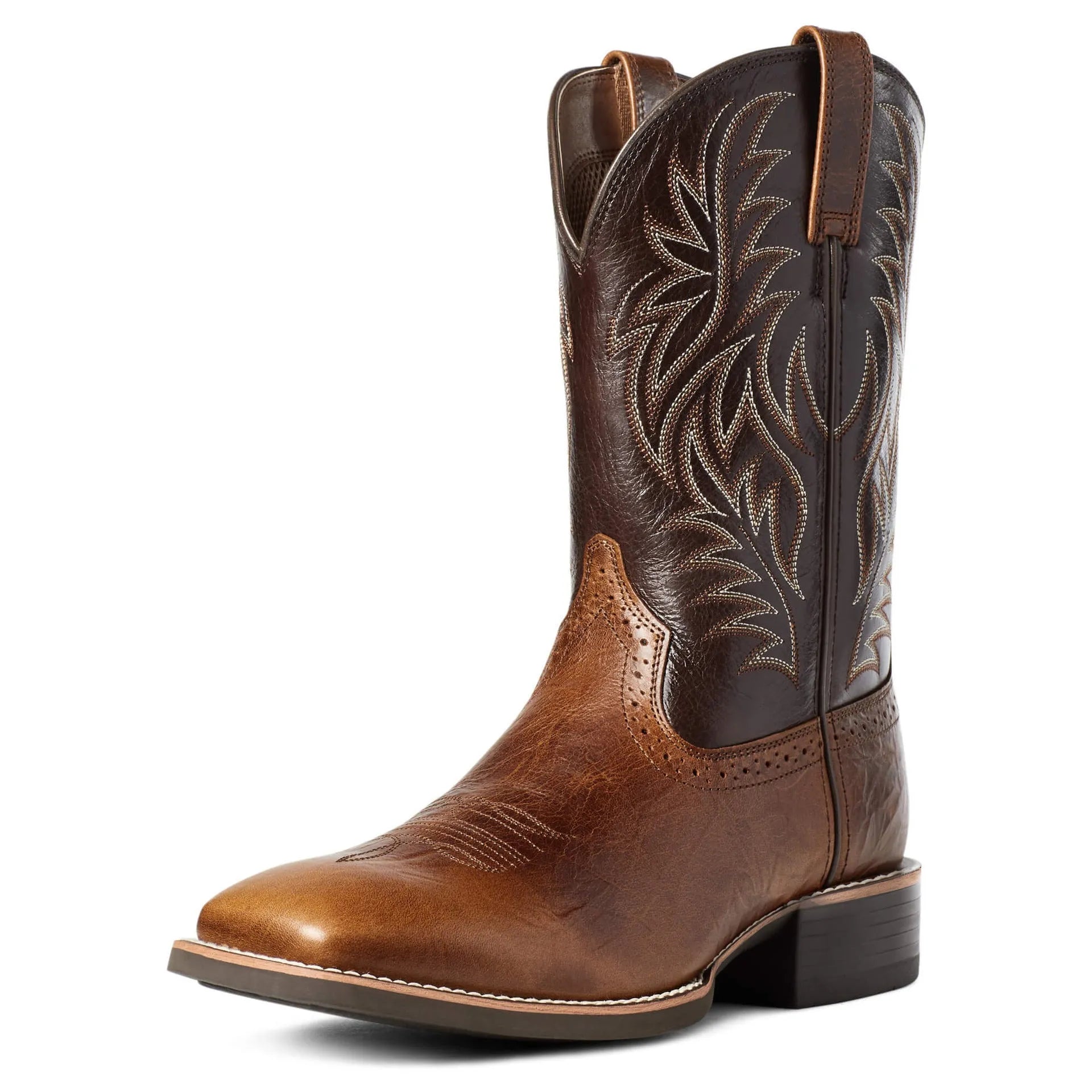 Men's black western cowboy boots with high embroidery stitching and wide square toe
