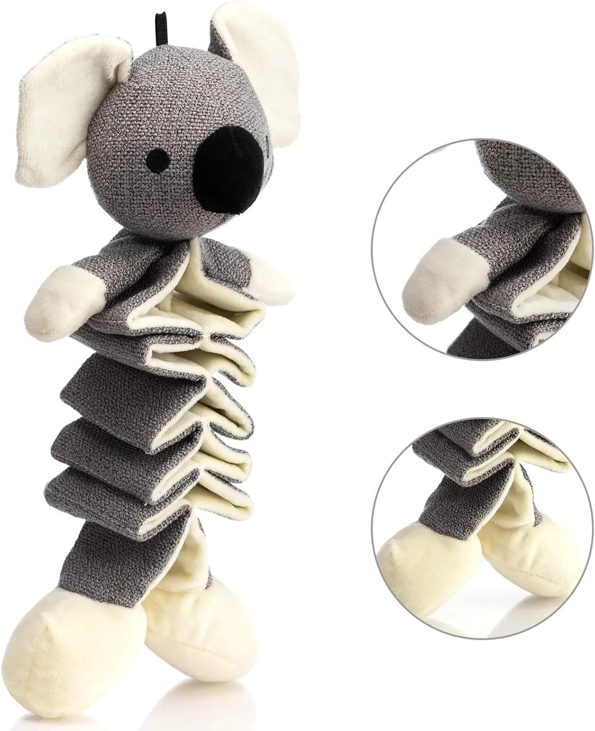 Grey koala stuffed dog toy measuring 30cm with crinkle paper inside.