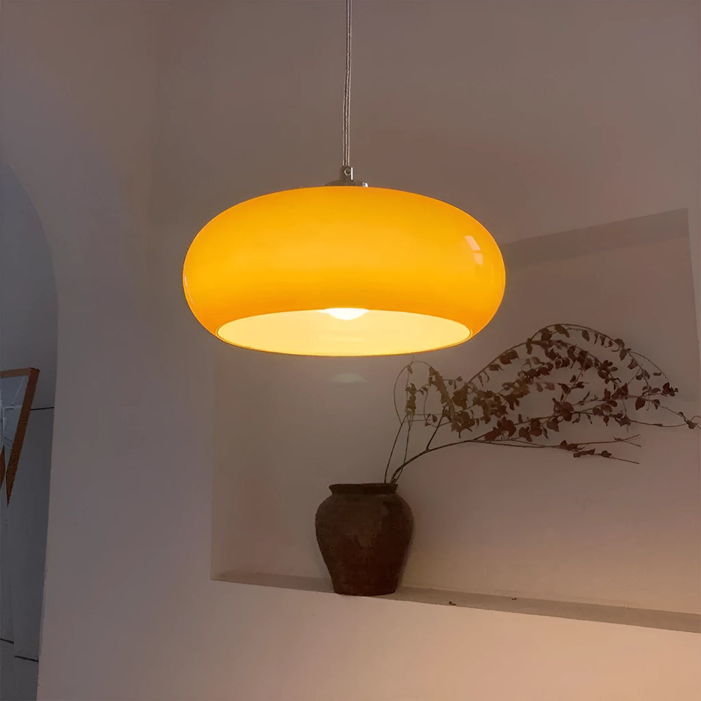 Bauhaus style three-headed pendant light with milk white egg tart glass shades