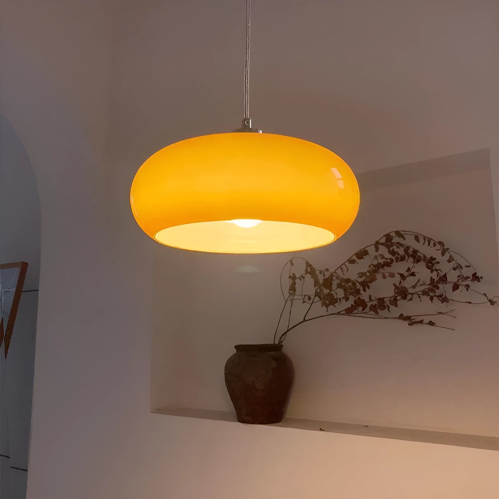 Bauhaus style three-headed pendant light with milk white egg tart glass shades