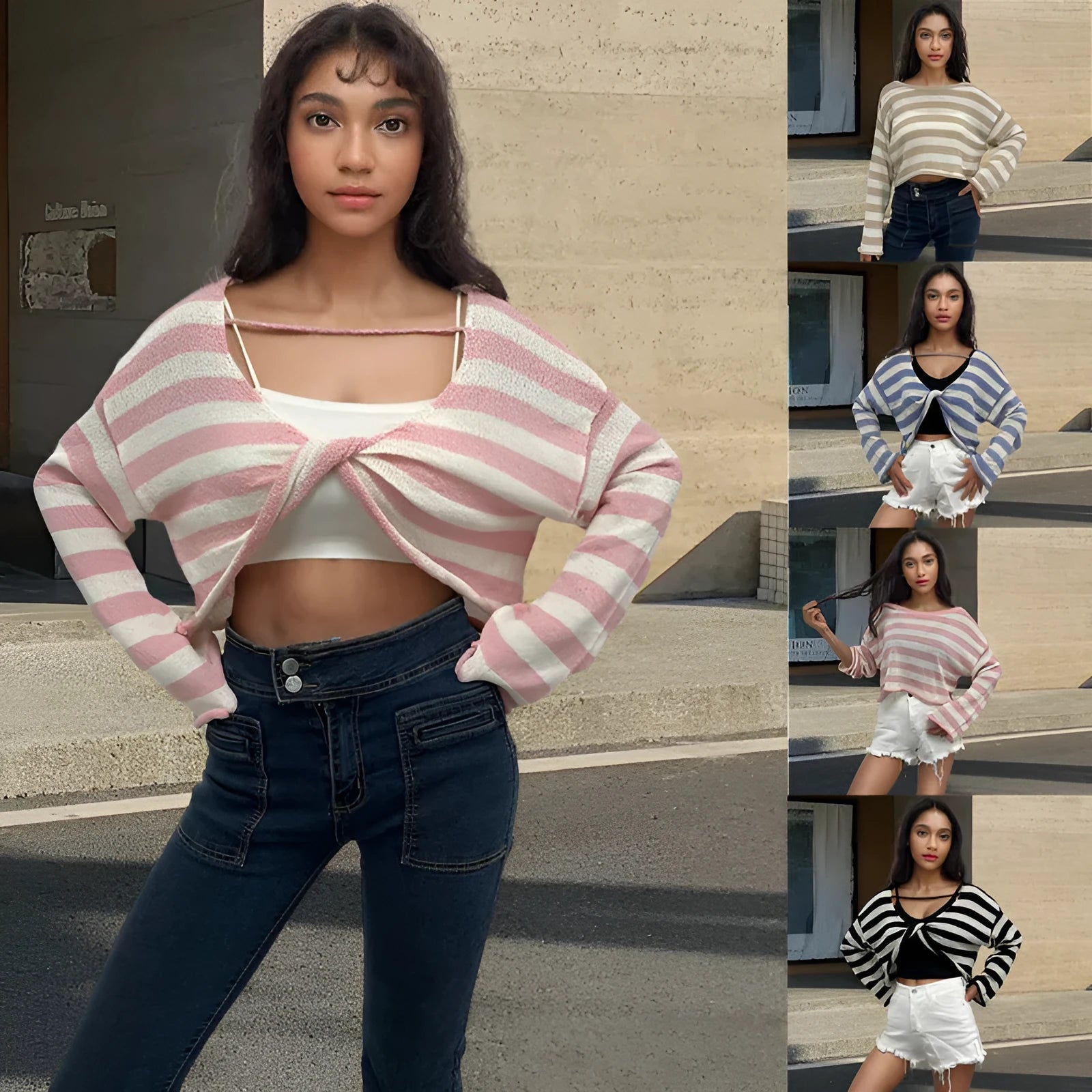 Woman wearing a striped cropped long-sleeved sweater in coloured cotton, showcasing the front and back wearable design.