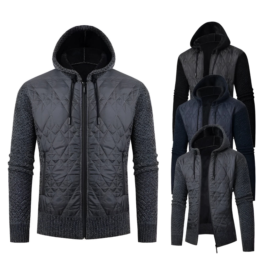 Men's grey hooded corduroy sweater coat with a cinched front, shown on a model.