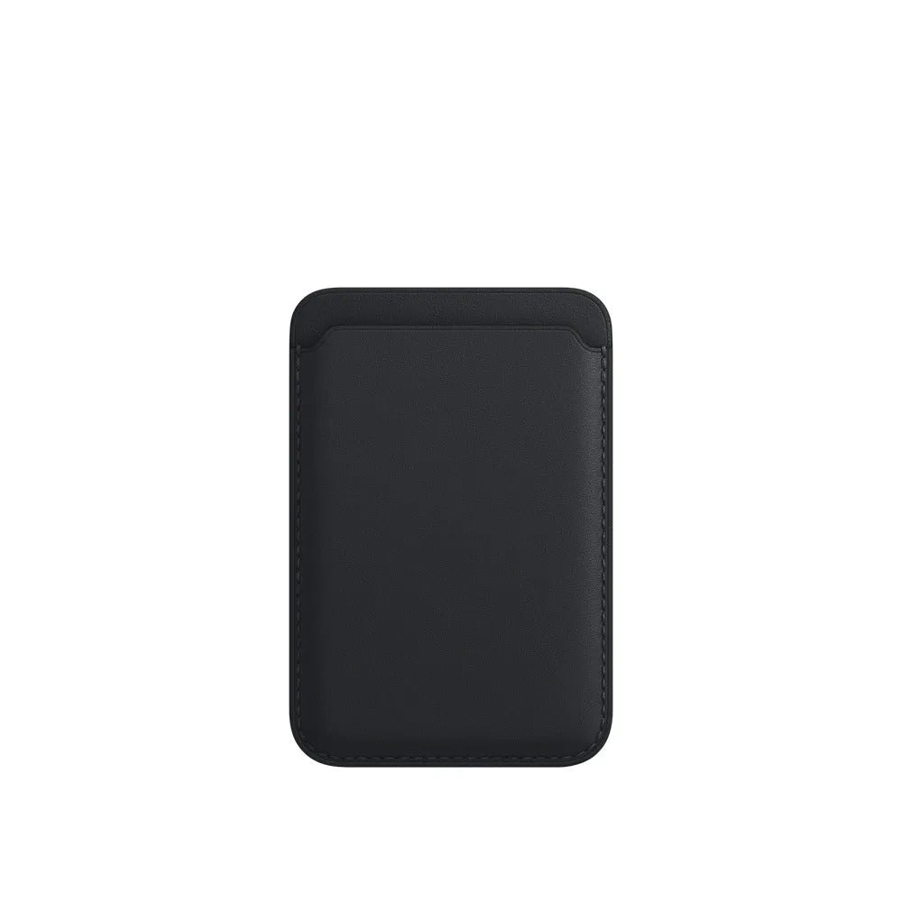 Black magnetic leather wallet case for iPhone showing integrated card holder on back