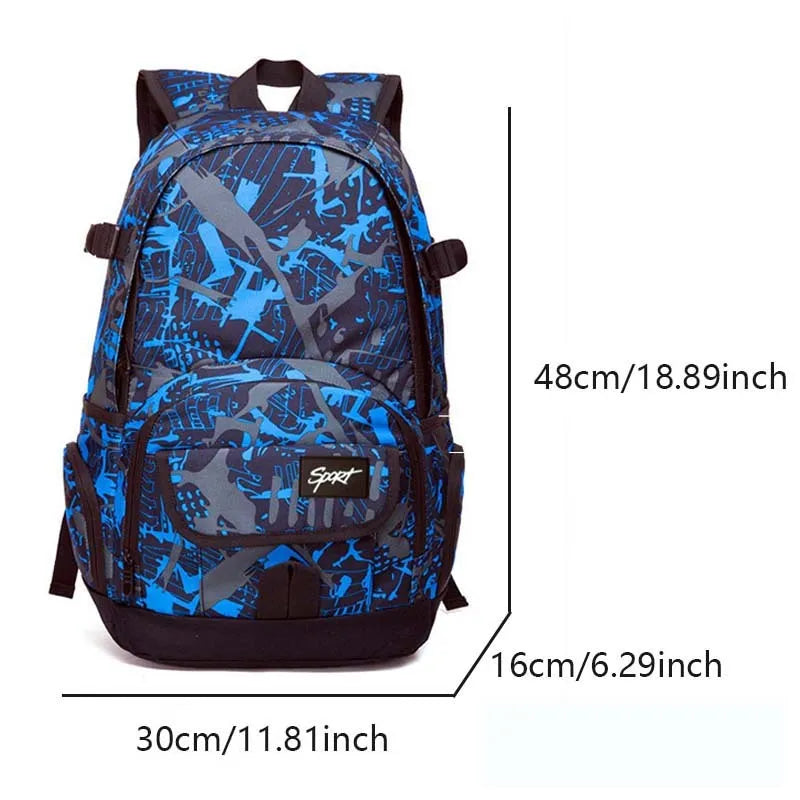 Classic large blue nylon backpack shown from the front, with red colour option available.