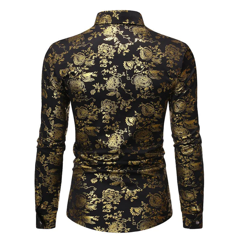 Men's wine red lapel cardigan shirt with a metallic bronzing digital print on the front.