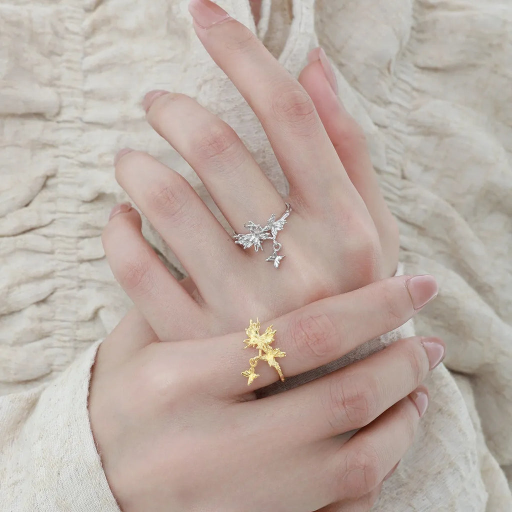 Silver butterfly ring for women with adjustable opening in gold or white gold electroplating finish