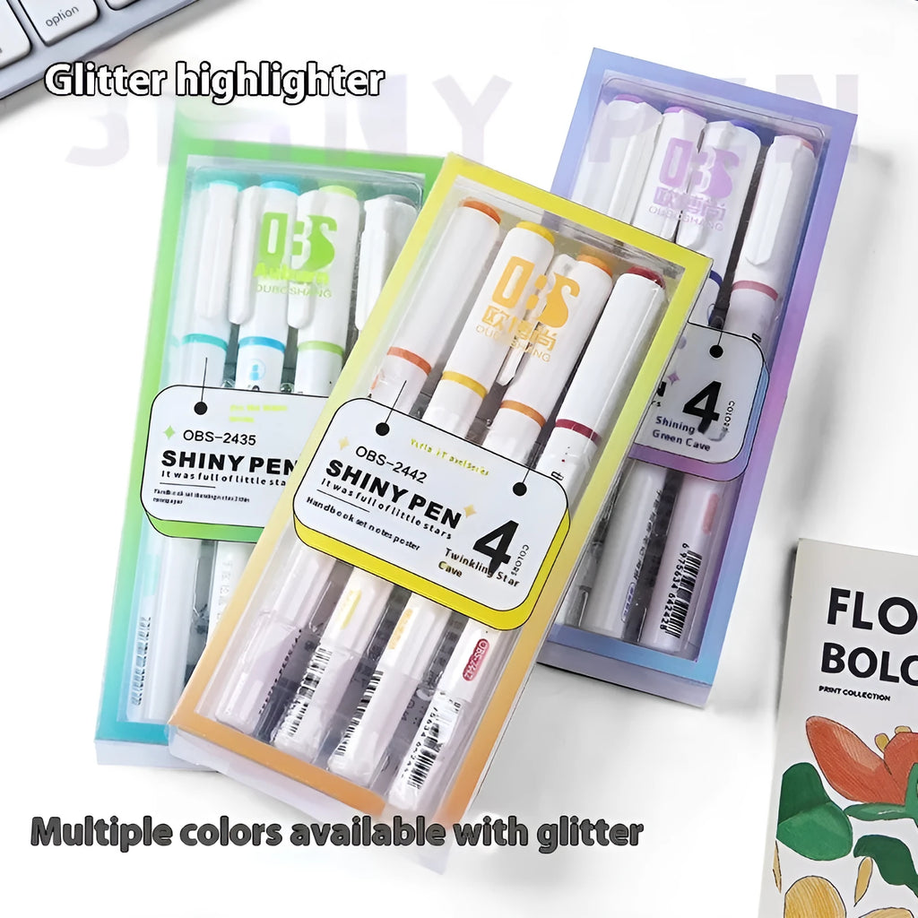 Four glitter fluorescent highlighter pens with slanted 4mm fibre tips in assorted colours including taro puff and peach blossom variations