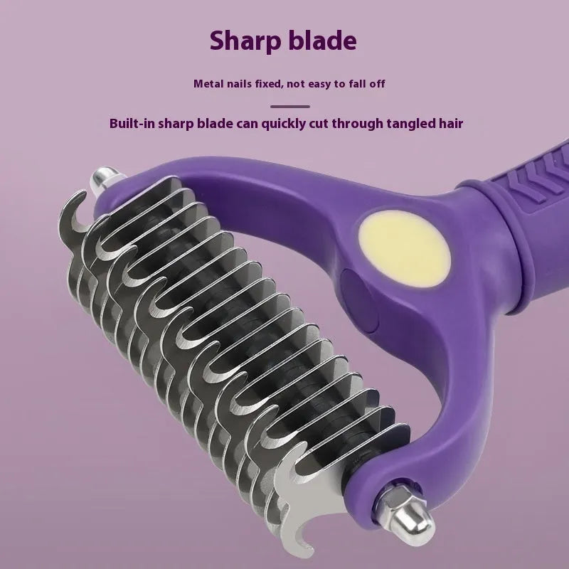 Purple double-sided plastic pet grooming comb for untying knots on cats and dogs