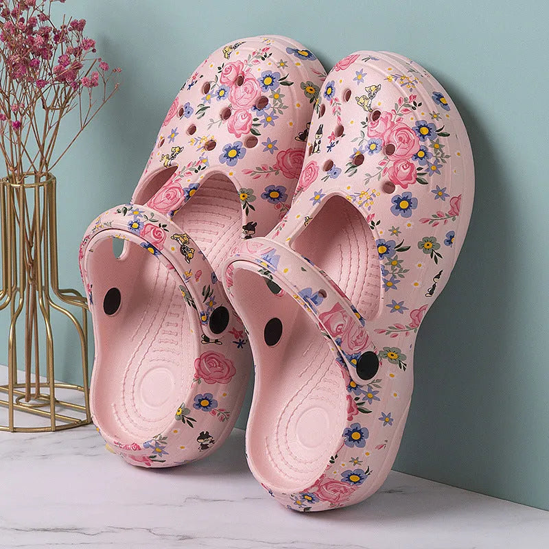 Women's yellow peony EVA hole sandals with round toe and low-top slip-on design