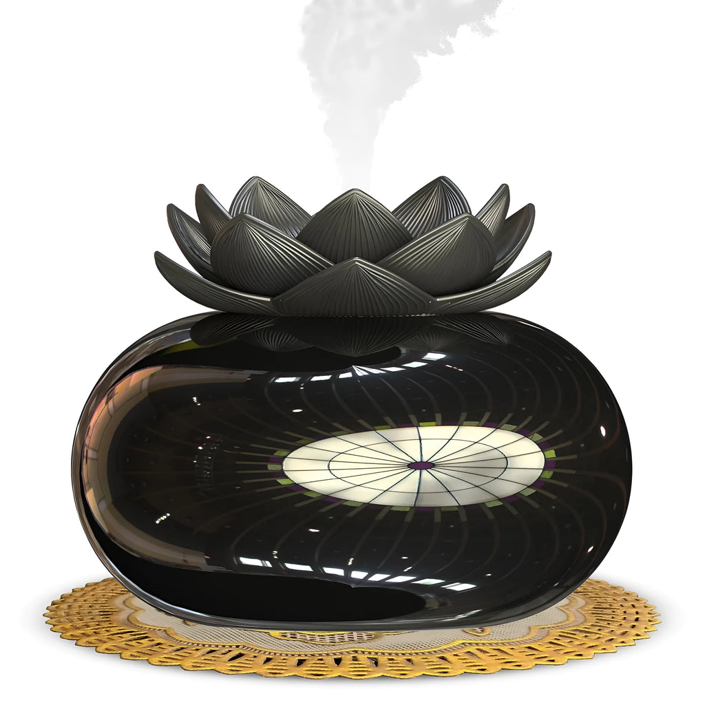 Pure black lotus-shaped ultrasonic humidifier with USB cable and single mist outlet