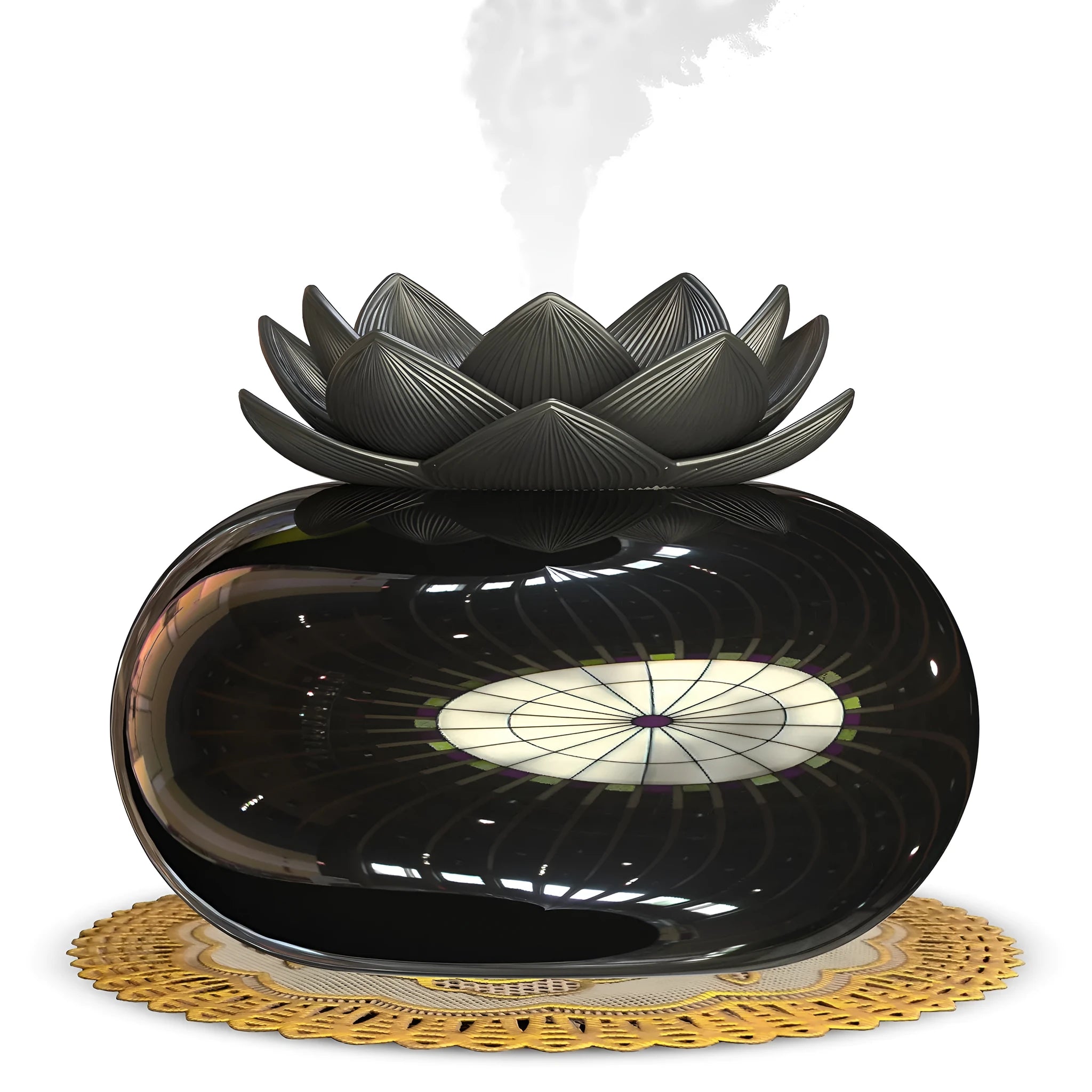 Pure black lotus-shaped ultrasonic humidifier with USB cable and single mist outlet