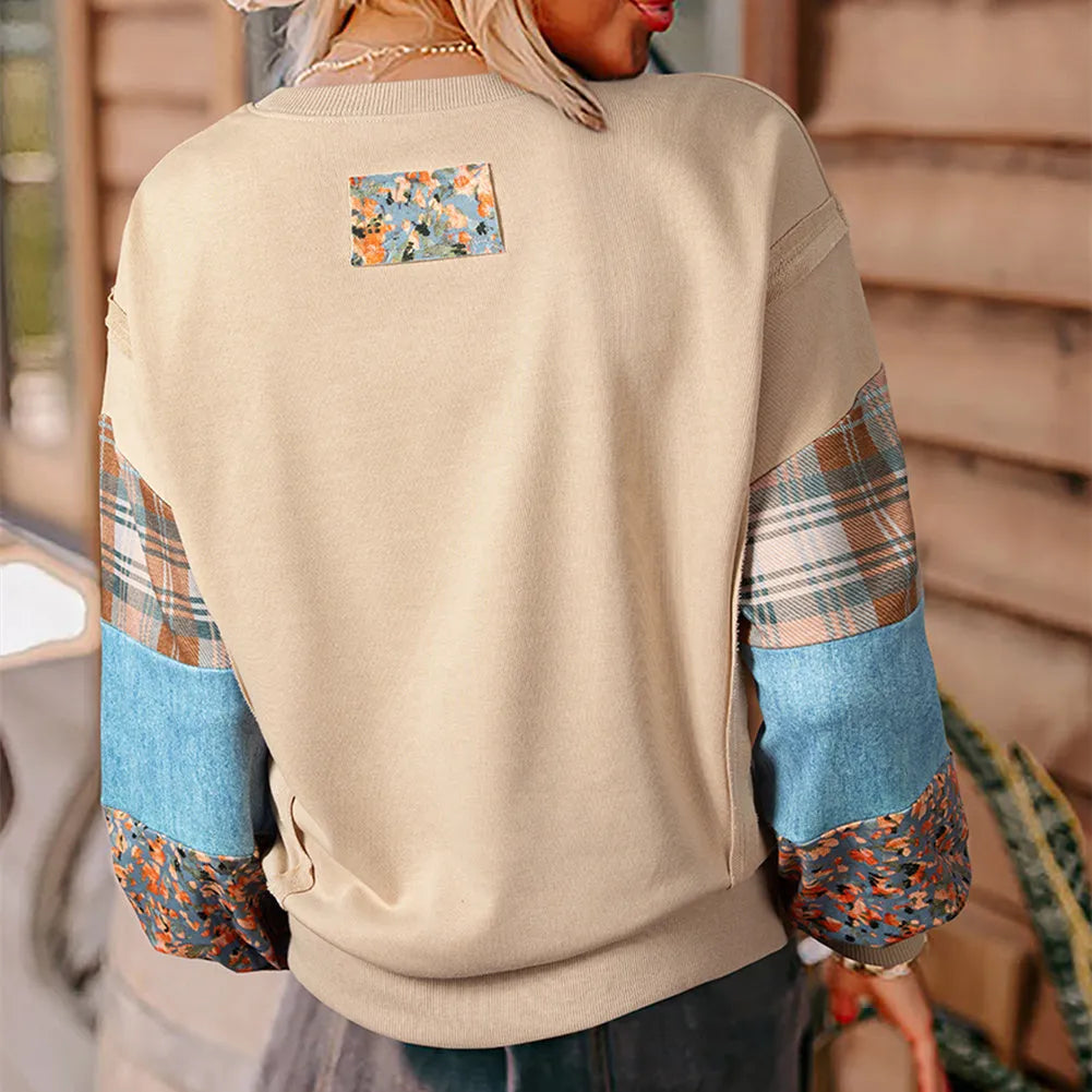 Women's plaid stitching long-sleeved loose top in apricot colour with Japanese casual style