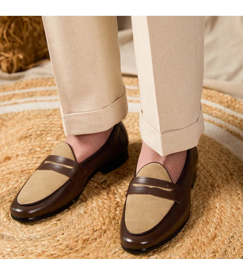 Coffee grey suede Belgium loafers for men with a slip-on design and rubber sole.