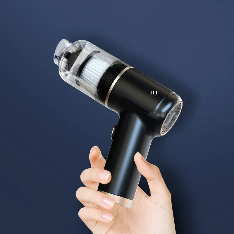 Black wireless handheld car vacuum cleaner with inflation function and multiple nozzle attachments